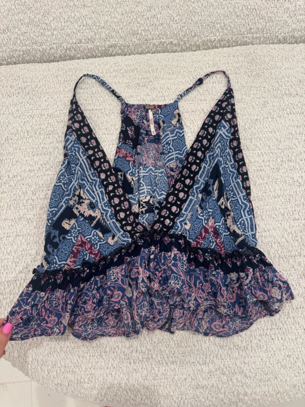 Free People Boho Floral Print Navy & Pink Ruffle Tank Top